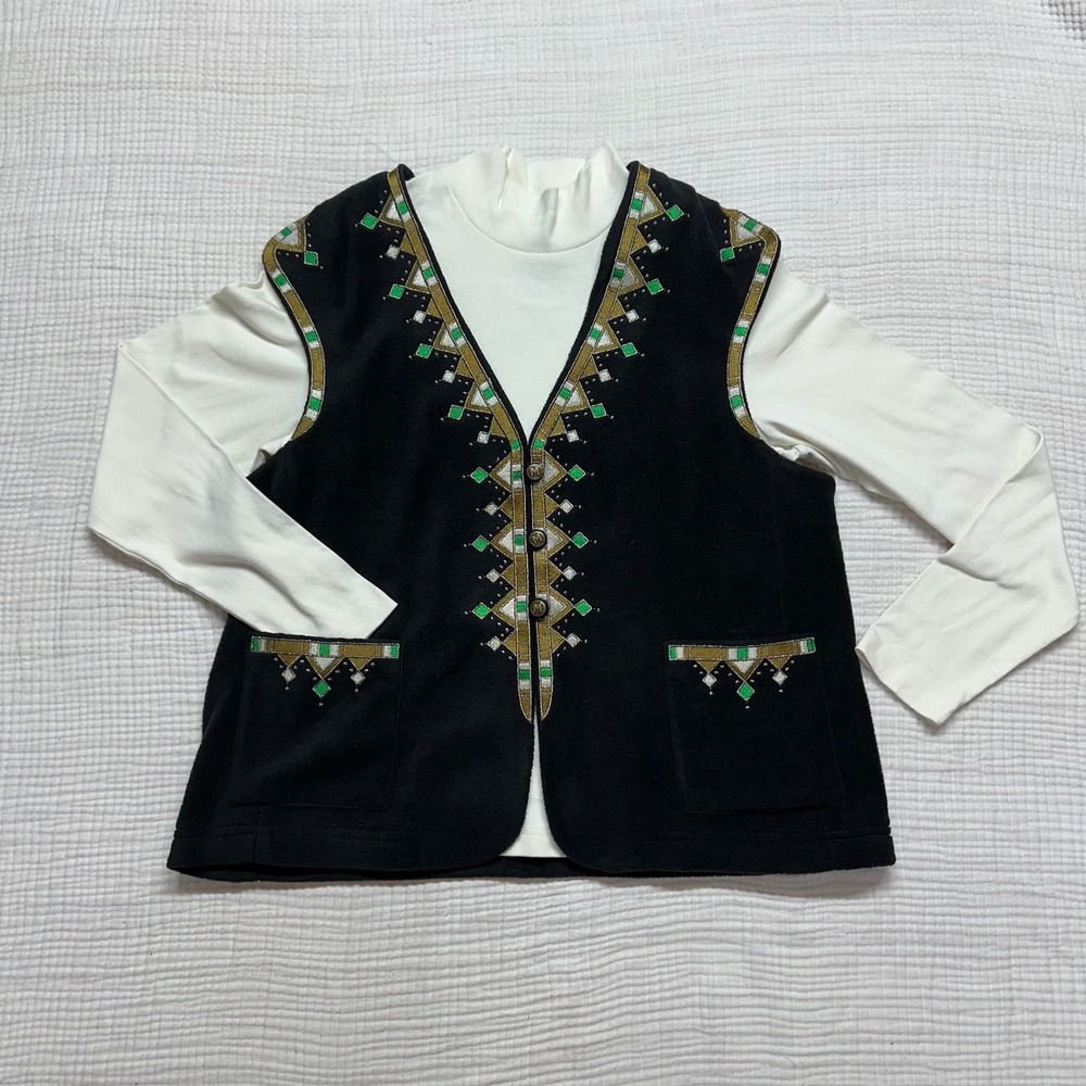 VTG Bob Mackie Wearable Art Vest Shirt XL Black Fleece Nordic Embroidered Green